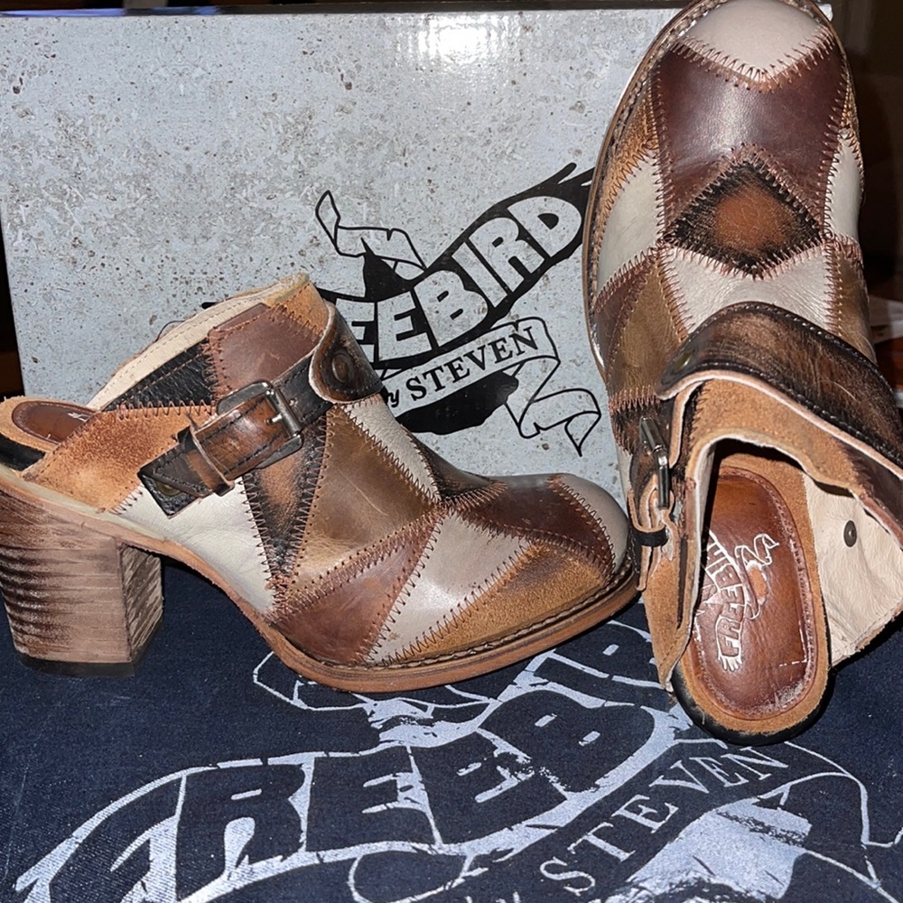 Leather patchwork clog, zigzag stitching, belt detailing, brass hardware